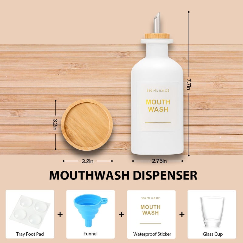 BONLONG 11.8OZ Mouthwash Dispenser for Bathroom with Bamboo & Stainless Steel Pour Spout, Mouthwash Cup Reusable, Bamboo Tray, and Elegant Gold Label. （White - Image 4